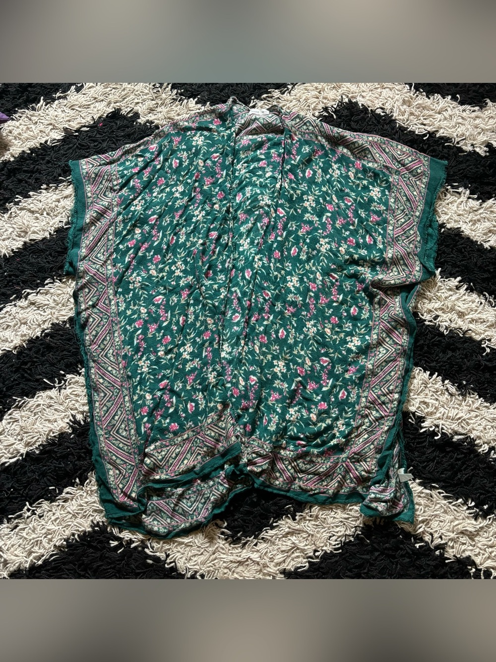 Multicolor Green Floral Kimono Open Front Split Fringe Short Sleeve Cardigan